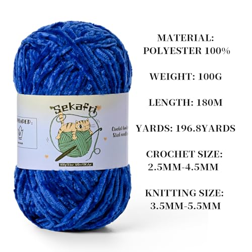 3 Pack of 300g (590yds) Fuzzy Chenille Yarn for Crocheting,Fluffy Amigurumi Crochet Yarn for DIY Craft/Hat/Clothes, Soft Velvet Baby Blanket Yarns（3 Royal Blue） - color: 3 Royal Blue