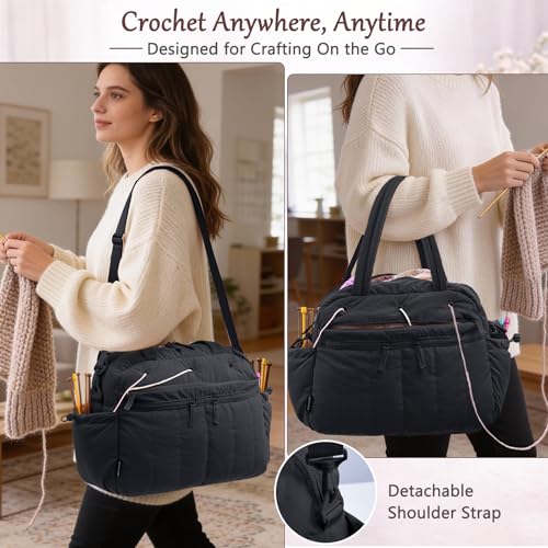 MYBAGZING Stylish Crochet Bag Organizer with Crochet Hook Case, Large Capacity Yarn Bag for Crocheting on the Go, Soft Quilted Crochet Tote with 7 Compartments, Knitting Project Carry-On Travel Gift - color: Black