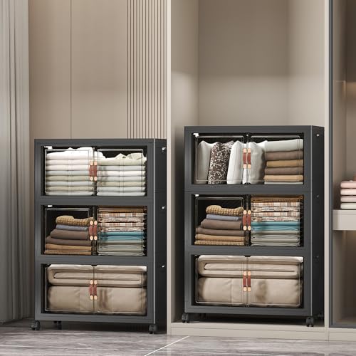 UAMFURI Stackable Storage Bins, 672QT Collapsible Drawers with 2 Lids | Large Capacity, Magnetic Door, Stack Lock, Rolling Wheels, Foldable Design, Organizers and Storage for Bedroom Dorm Garage - color: Dark-112QT, size: 6Pack with 2 top lids