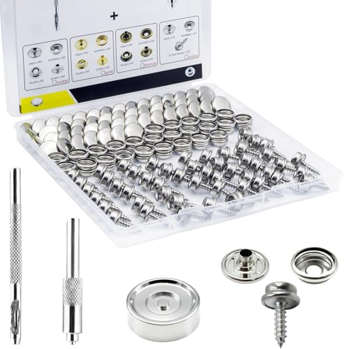 Gromerior Snap Button Kit with Screw Studs, 50 Sets Snaps & 3 Install Tools | 153 Pcs Marine Grade Snap Fastener Tool Kit, 15mm Stainless Steel Snaps for Boat Covers, Tarps, Fabric, DIY Repair & Projects