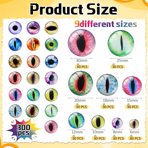 Kenning 300 Pcs 9Sizes Glass Dragon Eyes, Flatback Glass Cabochon | Snake Frog Eyes, for Crafts, Doll, DIY, Jewelry Making, Sculpture, Fantasy Models Projects (6/8/10/12/15/18/20/25/30mm)