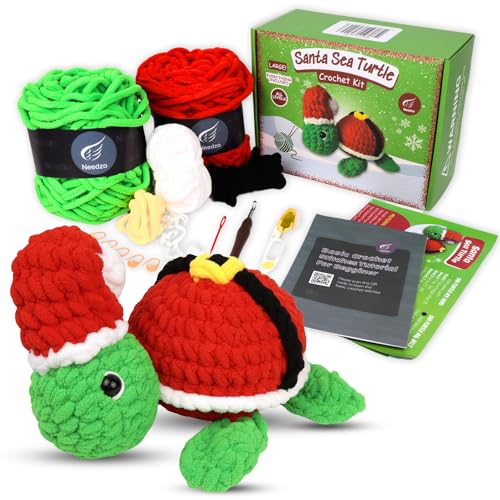 Needzo Christmas Crochet Kit Large Santa Sea Turtle, Everything Included, Step-by-Step Video Tutorials, DIY Knitting Supplies