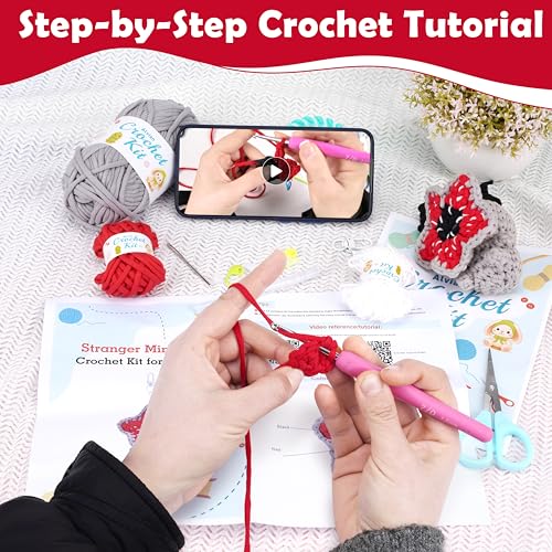 Alvian Mini Monster Crochet Beginner Kit - Amigurumi Demogorgon Keychain Craft Set Complete with Yarn, Tools & Step-by-Step Video Tutorial - color: Gray Genuine Yarn
