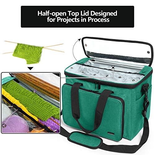 Teamoy Knitting Bag, Yarn Storage Organizer Crochet Bag Tote, Green | Yarn Holder with Inner Divider(Sewn to Bottom) for Crochet Hook, Knitting Needles(Up to 14"), Project and Crocheting Supplies - color: Green