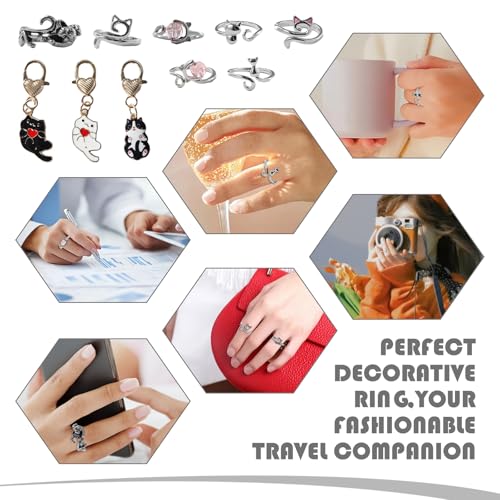 7PCS Crochet Ring for Finger, Adjustable Crochet Tension Ring, Practical Tension for Crocheting, for Knitted Accessories, with 3 Kitten Pendants