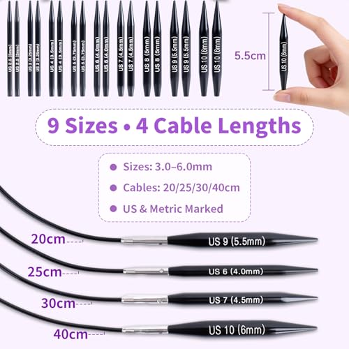 Reessy Short Interchangeable Circular Knitting Needles Set – 2” Aluminum Tips (3.0–6.0mm), 20–40cm Cables – Interchangeable Shortie Needles for Socks, Sleeves & Small Projects - color: black