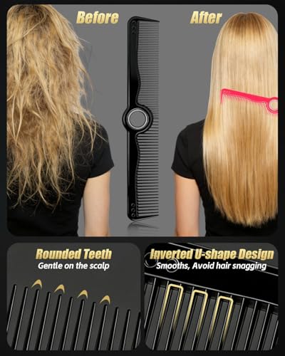 Rotatable Hair Comb, 8" Fine & Wide Tooth Comb with Bonus 9" Rat Tail Comb | Professional Hair Comb for Men Women, Carbon Fiber + ABS, Rounded Teeth, Heat Resistant for Hair Stylists, Barbers - color: Pink