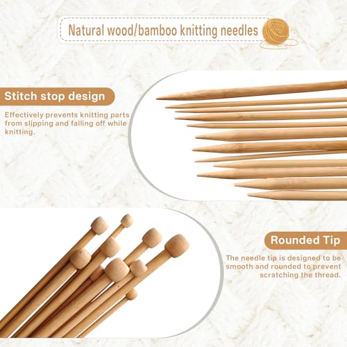 DIHUHAY 7-Pair Bamboo Knitting Needle Set - Natural Long Wooden Knitting Needles, Suitable for Beginners and Professionals to Knit Sweaters, Scarves, Shawls, Blankets, and Hats