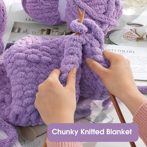 HOMBYS Purple Chunky Chenille Yarn for Hand Knitting,Fluffy Soft Jumbo Yarn Crocheting,Super Bulky Big Yarn for Chunky Blanket,Large Thick Arm Knitting Yarn,8 Pack Plush Yarn - color: Purple