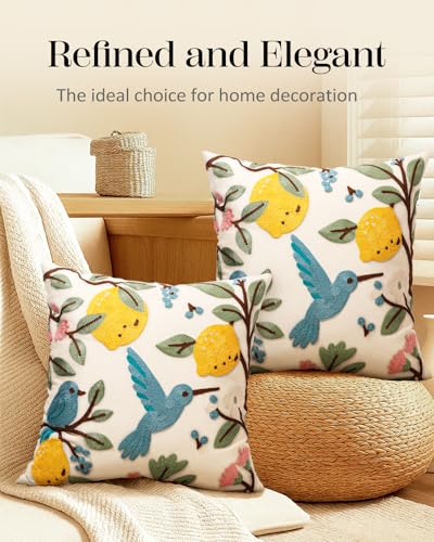 Embroidered Throw Pillow Covers 18x18 Inch, 2Pack, Bird Lemon | Decorative Pillow Covers Set of 2, Farmhouse Cushion Cases with Hidden Zipper, Cottagecore Decor for Couch, Sofa, Living Room - color: Bird Lemon, size: 18" x 18" (Pack of 2)