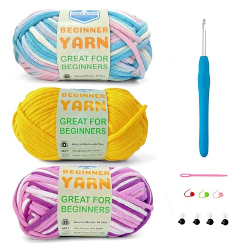 3 * 50g/1.76oz Yarn for Crocheting and Knitting, 3 * 60yds Beginner Yarn with Easy-to-See Stitches; Worsted-Weight Medium #4;Amigurumi-Friendly Crochet Kit(Violet+Yellow+Blushing Blue) - color: Violet+Yellow+Blushing Blue