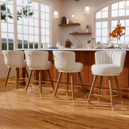 26 Inch White Leather Swivel Counter Bar Stools Set of 4 | Upholstered pleated backs, wood legs, gold footrests, 300lbs capacity swivel chairs for home kitchen islands - color: White, size: 26" Counter Height-4 Pieces