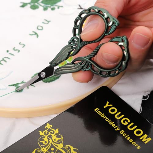 YOUGUOM Mini Crochet Scissors with Cover, Small Sewing Shears | Sharp, Precision for Embroidery, Craft, Needlework, Cross Stitch, Detail Cutting, Thread Snips, Vintage, Green, DIY Kits - color: Golden Green