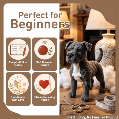DIY Crochet Pitbull Dog Kit for Beginners – Amigurumi Staffordshire Bull Terrier Stuffed Animal Knitting Kit with Yarn, Hook & Instructions – Easy Beginner Crochet Animal Craft for Adults & Dog Lovers - color: Pitbull Dog