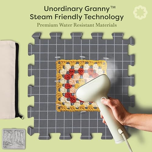 Unordinary Granny® Crochet Blocking Set-9Pc Extra Thick 12x12 Interlocking EVA Foam Mats with Grids, 150 T-Pins, Premium Felt Bag and a Cotton Pouch, Grey - color: Grey