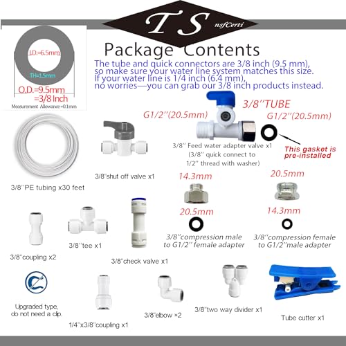 NSF 3/8" inch Water Line Tubing and Push to Connect Fittings for Reverse Osmosis Water Filter RO fittings (Feed water adapter Kits), 11 pcs connetors+30 feet 3/8" O.D. (9.5mm) water tubing. - style: 3/8"(11pcs+30feet)