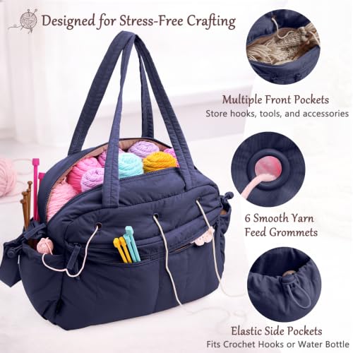 MYBAGZING Stylish Crochet Bag Organizer with Crochet Hook Case, Large Capacity Yarn Bag for Crocheting on the Go, Soft Quilted Crochet Tote with 7 Compartments, Knitting Project Carry-On Travel Gift - color: Navy