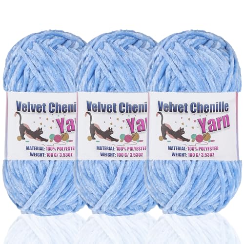 3 * 100g Fluffy Velvet Chenille Yarn for Crocheting and Knitting, Handcrafts Weaving Soft Chenille Yarn for Crocheting Clearance, Used for Making Baby Yarn Blanket, Clothes (3 - Bule) - color: 3 - Bule