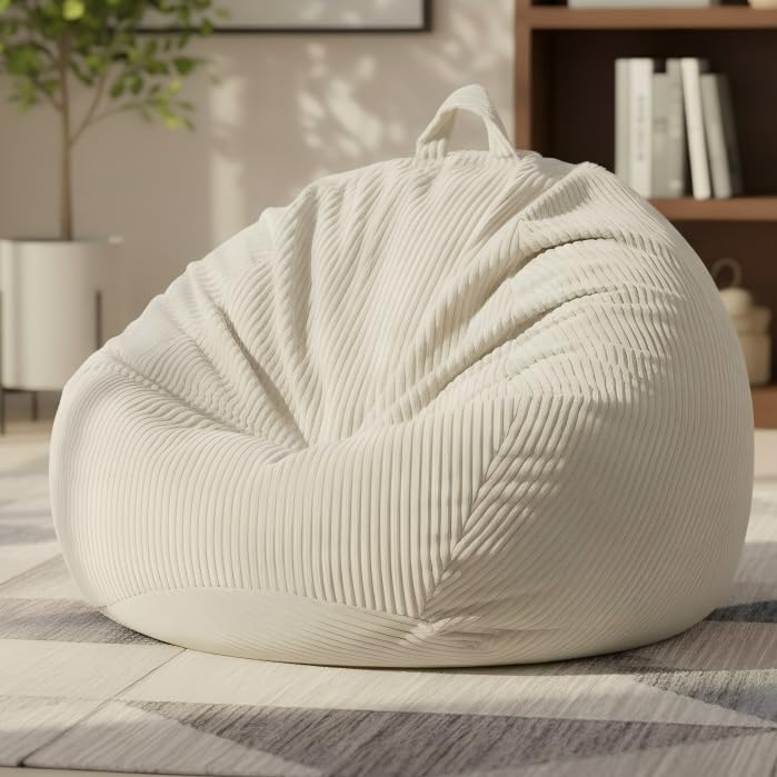 ZhenLives Stuffed Animal Storage Bean Bag Chair Cover, Cover Only (No Filler), Corduroy Toy Organizer Floor Cushion Seat, 48 in/120 cm Slipcover for Teens & Adults, White - color: Ivory White, size: Adult (Cover Only）