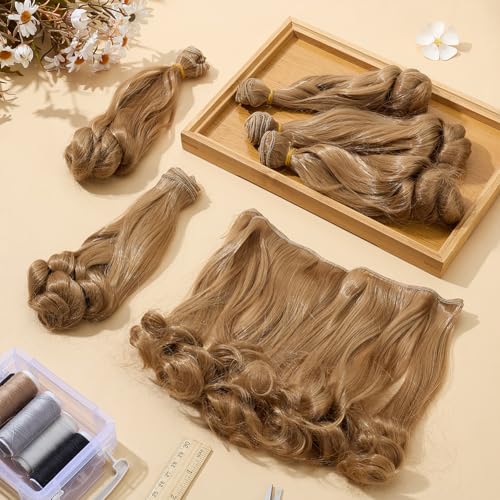 6 Pcs Doll Wig 200mm Doll Curly Wigs Long Hair Extension Tan Color for Doll Making Kit Arts Supplies DIY Handmade Crafts - style: Tan Curly