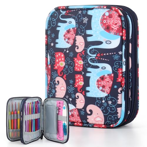 Katech Portable Travel Crochet Hooks Case w/Zippe Pocket Elephant Pattern | Hooks Organizer with Zipper, Web Pocket and Crochet Holder Slots for Knitting Accessories Needles During Tour - color: Elephant Pattern