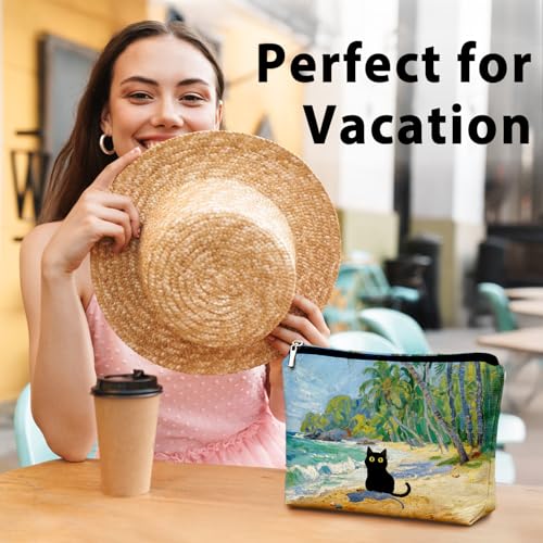 Coastal Beach Black Cat Makeup Bag, Kitty Cosmetic Zipper Travel Toiletry Bag for Traveling Women, Cute Black Cat Gifts for Women & Teen Girls, Cats Gifts Lovers - color: 02-Cat(08)-Coastal Beach