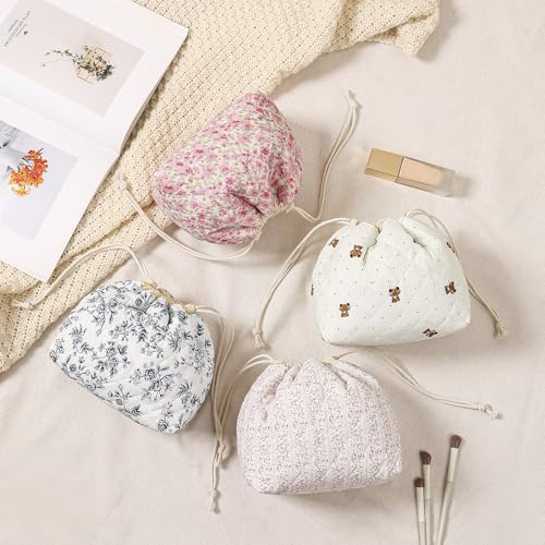 Cotton Quilted Drawstring Makeup Bag with Canvas Lining,Coquette Aesthetic Cute Travel Toiletry Bag,Drawstring Gift Bag for Women and Girls（18 Watercolor Pink Flower） - color: 18watercolor Pink Flower