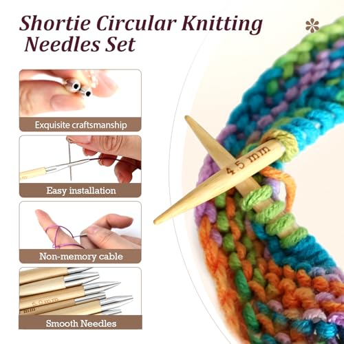 Yarniss 10 Size Shortie Circular Knitting Needles Set with Cable 3.25~6.5mm | Bamboo Mini Interchangeable Knitting Needle with Swivel Cable,Sock Knitting Needle - color: Nature
