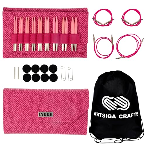 Lykke Blush 3.5-inch Interchangeable Circular Knitting Needle Set | Standard US 3, 4, 5, 6, 7, 8, 9, 10, 10.5 Magenta Case, Birch Semi-Sharp Tips, Smooth Metal Joins, 360-Cables, Project Bag - color: Blush-with-Magenta-Case
