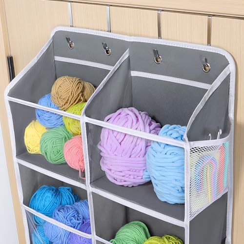 Univivi Hanging Yarn Storage Organizer with Side Pockets, 5 Tiers, Grey | 10 Clear Compartments, 10 Mesh Side Pockets, Large Capacity Hanging Yarn Organizer for Crochet Hook and Yarn Ball Storage - color: Grey, size: 5 LAYER