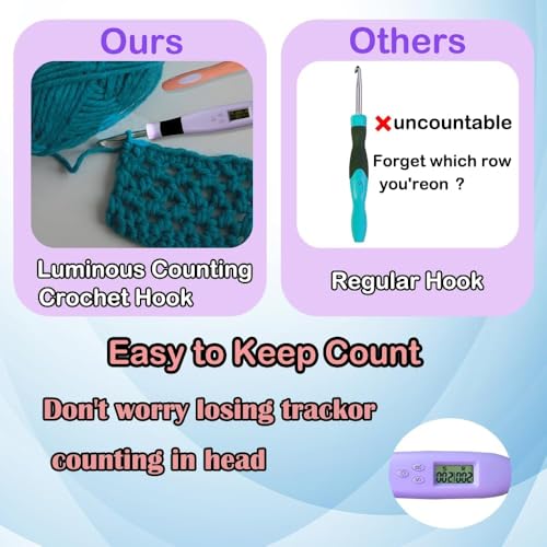 Yarniss 18 Size Digital Counting Crochet Hooks Set with Light 2.0mm~14.0mm | Lighted Crochet Hooks That Count Stitch & Row, Interchangeable Metal Head - color: Purple-18 Size with Light & Counter