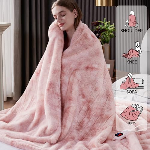 Guohaoi Heated Blanket, Soft Faux Rabbit Fur Electric Throw, 90"×100" | Electric Blanket with 10 Heating Levels 5 Setting Timer Auto Off, Cozy Warm Heating Blankets, Machine Washable, Pink - color: Pink, size: 90''*100''