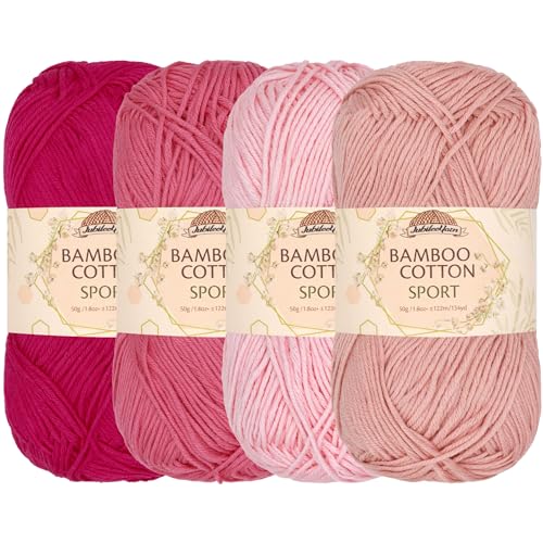JubileeYarn Bamboo Cotton Sport Yarn - 50g/Skein - Shades of Pink - 4 Skeins - color: Shades of Pink, size: 4 Skeins