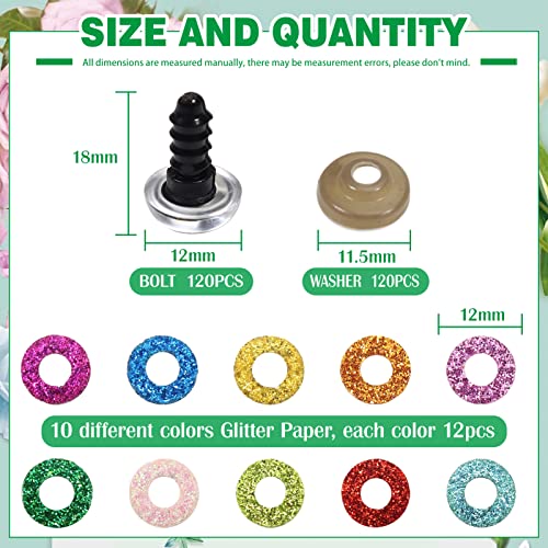 TOAOB 120pcs Glitter Plastic Safety Eyes 12mm Crafts Doll Eyes 10 Colors Half Round Craft Crochet Eyes with Washers for Stuffed Animals Amigurumis Bears Dolls Making - size: 12mm