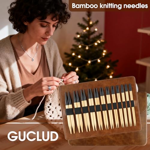 Guclud Bamboo Knitting Needles Set, 5-Inch Interchangeable Circular Knitting Needles US 4-15 (3.5-10mm),12 Pairs of Hand-Polished Circular Needles, 4 Cables, Accessories & Case (Black Tip)