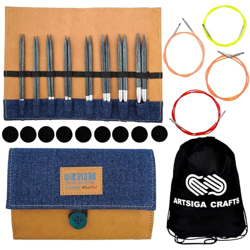 KnitPro Indigo Wood 5-Inch Interchangeable Circular Knitting Needle Set | US 4, 6, 7, 8, 9, 10.75, 11 Incl. Tapered Sharp Tips, 4 Memory-Free Cables, 8 Caps, 4 Keys, Fabric Case & Project Bag
