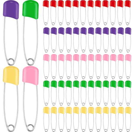 WILLBOND 100 Pcs Large Safety Pins for Clothes,with Bag, Multicolored | Plastic Head with Locking Closures, Heavy Duty Nappy Pins Hooks, 2.2 Inch Fasteners, Stainless Steel, Velvet Bag - color: Multicolored