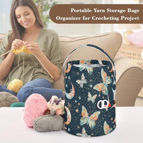 Fustylead Watercolor Hand Draw Butterflies and Moon Stars Yarn Crochet Tote Basket, Large Knitting Drawstring Organizer Yarn Storage Bag for Crocheting Project, Sewing Supplies, Yarn Balls, Needles - color: Blue07 Butterflies
