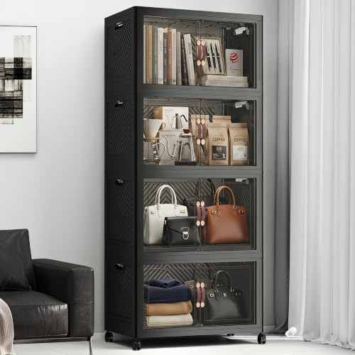 UAMFURI Stackable Storage Bins with Lids, 440QT Lockable Storage Cabinet | Closet Organizers, Foldable Storage Box with Doors and Wheels, Plastic Drawers for Home, Garage, Office (4, Black, Plus) - color: Black, size: Plus
