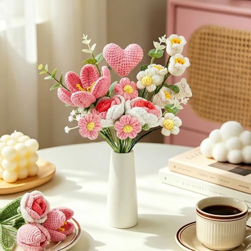 TORONTOKYO Crochet Flower Bouquet, Pink Crochet Bouquet for Women, 18 PCS | Handmade Knitted Flowers with Gift Card for Valentine's Day, Mother's Day, Graduation, Birthday Gifts - color: Pink