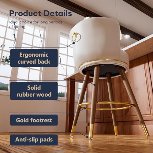 26 Inch White Leather Swivel Counter Bar Stools Set of 4 | Upholstered pleated backs, wood legs, gold footrests, 300lbs capacity swivel chairs for home kitchen islands - color: White, size: 26" Counter Height-4 Pieces