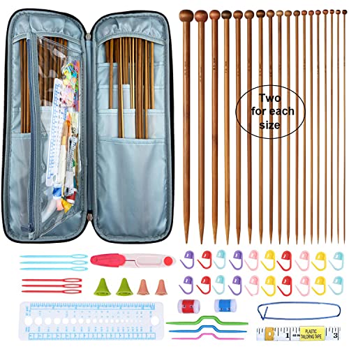 Mdoker Bamboo Knitting Needle Set with Case 36pcs Straight Single Pointed Kniting Needles 13.5inch Length Sweater Needles for DIY Knitting Projects(2mm-10mm) Knitting Set with Accessories