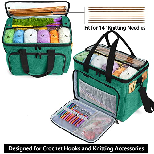 Teamoy Knitting Bag, Yarn Storage Organizer Crochet Bag Tote, Green | Yarn Holder with Inner Divider(Sewn to Bottom) for Crochet Hook, Knitting Needles(Up to 14"), Project and Crocheting Supplies - color: Green