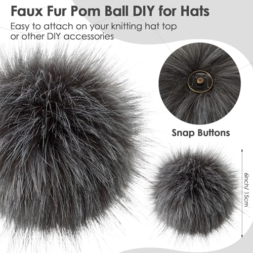 Juinte 8 Pcs 6 Inch Large Fur Pom Pom Balls for Hats Fluffy Faux Fur Pompom Balls with Snap Button for Hat Shoes Scarves Bag Charms DIY Crafts (Dark Gray) - color: Dark Gray