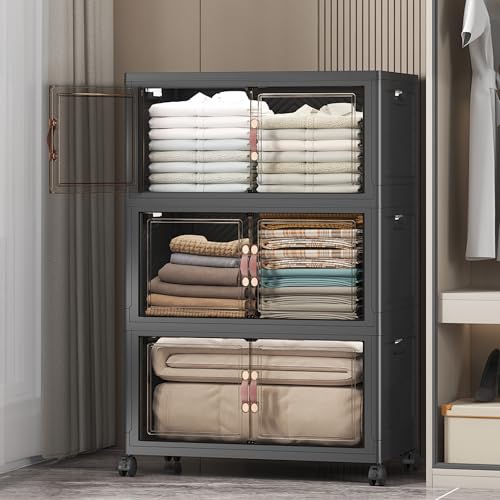UAMFURI Stackable Storage Bins, 336QT Collapsible Drawers with 1 Lid | Large Capacity, Magnetic Door, Stack Lock, Rolling Wheels, Foldable Design, Organizers and Storage for Bedroom Dorm Garage - color: Dark-112QT, size: 3Pack with 1 top lid