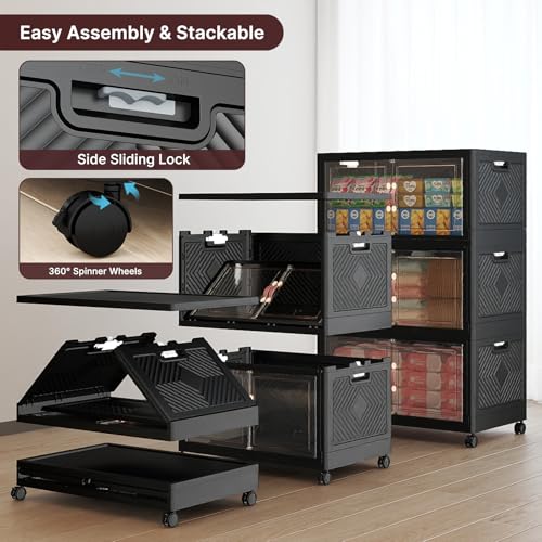 UAMFURI Stackable Storage Bins, 336QT Collapsible Drawers with 1 Lid | Large Capacity, Magnetic Door, Stack Lock, Rolling Wheels, Foldable Design, Organizers and Storage for Bedroom Dorm Garage - color: Dark-112QT, size: 3Pack with 1 top lid