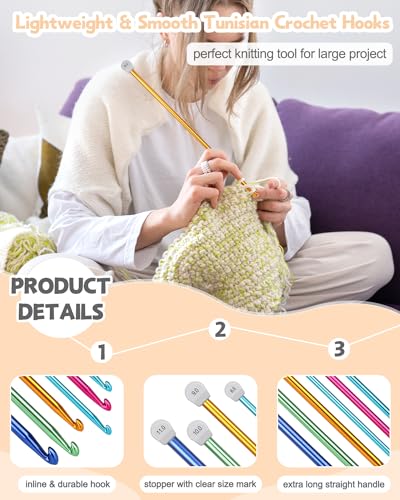 Katech 8PCS Tunisian Crochet Hooks Set, 13.78‘’ Aluminum Large Crochet Needles