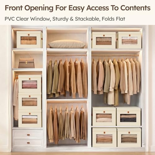 Homsorout Storage Bins with Lids - Front Opening Storage Box with Clear Window & Handles, Stackable Foldable Fabric Bins for Closet Organization, Clothes, Sweaters, Towels, Blankets, 6 Pack, Beige - color: Beige, size: Large - 6 Pack