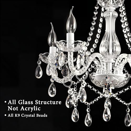 DIMMABLE Full Glass Plug in Chandelier 5 Light Crystal (Bulbs Included), White Hanging Pendant Ceiling Light Fixture with Long Cord, Modern K9 Crystals for Bedroom Dining Living Room Kitchen Island - color: White