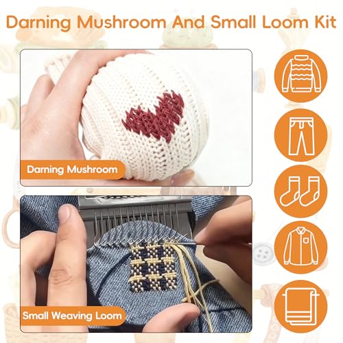 Mini Darning Loom,Handcraft DIY Weaving Repair Darning Kit for Beginner | Mushroom Knit Patch Kit with 14 Hooks Small Weaving Loom 14 Large Eye Needles 50 Color Threads 1 Floral Print Cushion - color: Mushroom-14 Hook